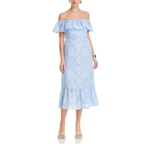 KOKO + MASON WOMENS SIZE LARGE OFF SHLDR JACQUARD LINED MIDI DRESS BLUE NEW - Picture 1 of 14
